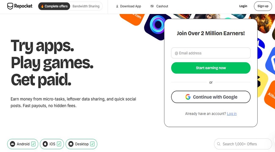 Repocket التصميم السهل والمكافآت السخية